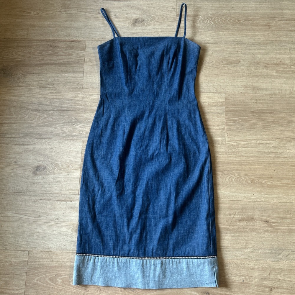 Vintage Cotton Denim Midi Sheath Dress with Rhinestone Trim